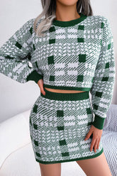 Robe courte en tricot à carreaux bicolores avec mini-jupe et robe deux pièces - Vert
